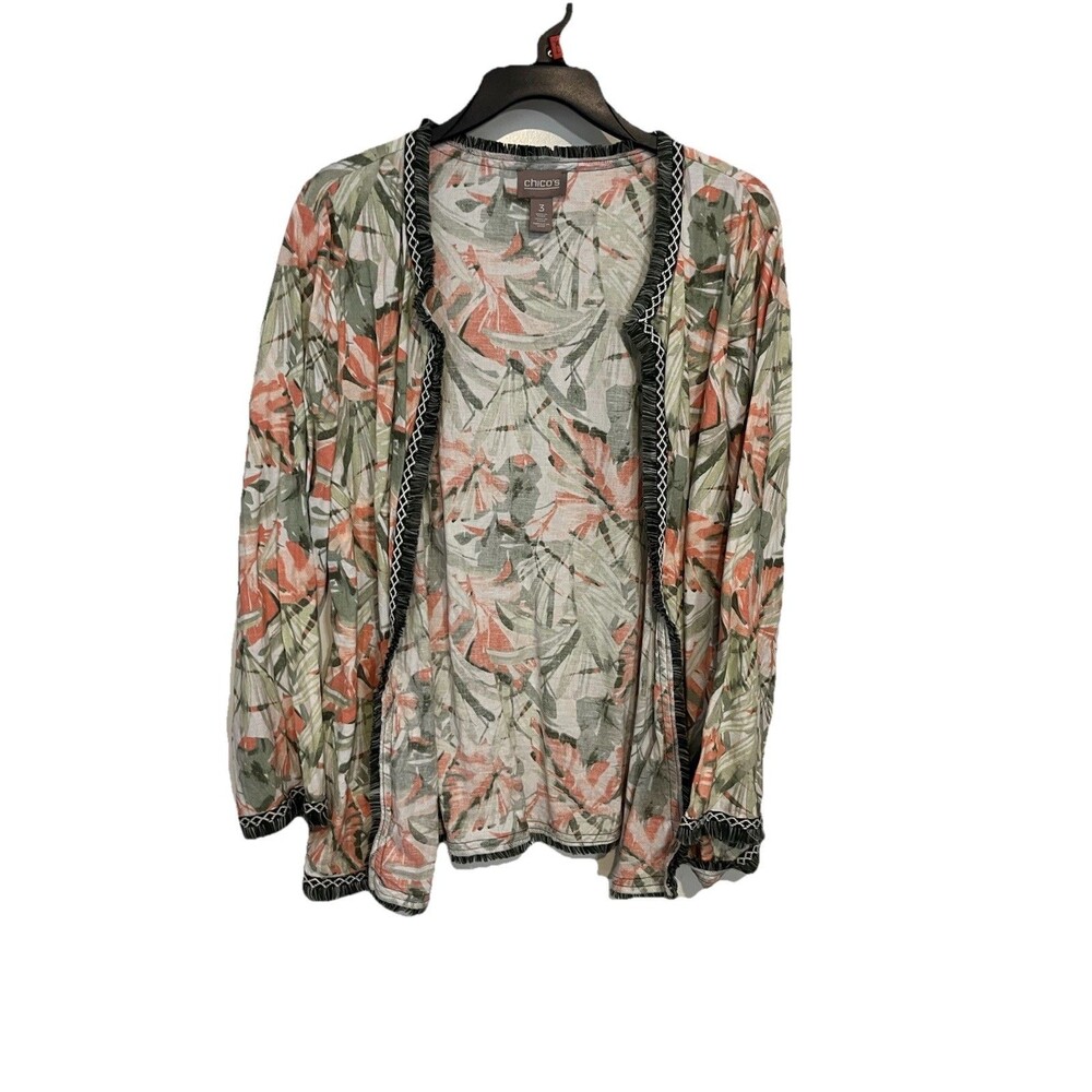 Chicos Havana Fringe Trim Linen Blend Jacket Tropical Floral Size 3 Womens XL - Picture 10 of 10